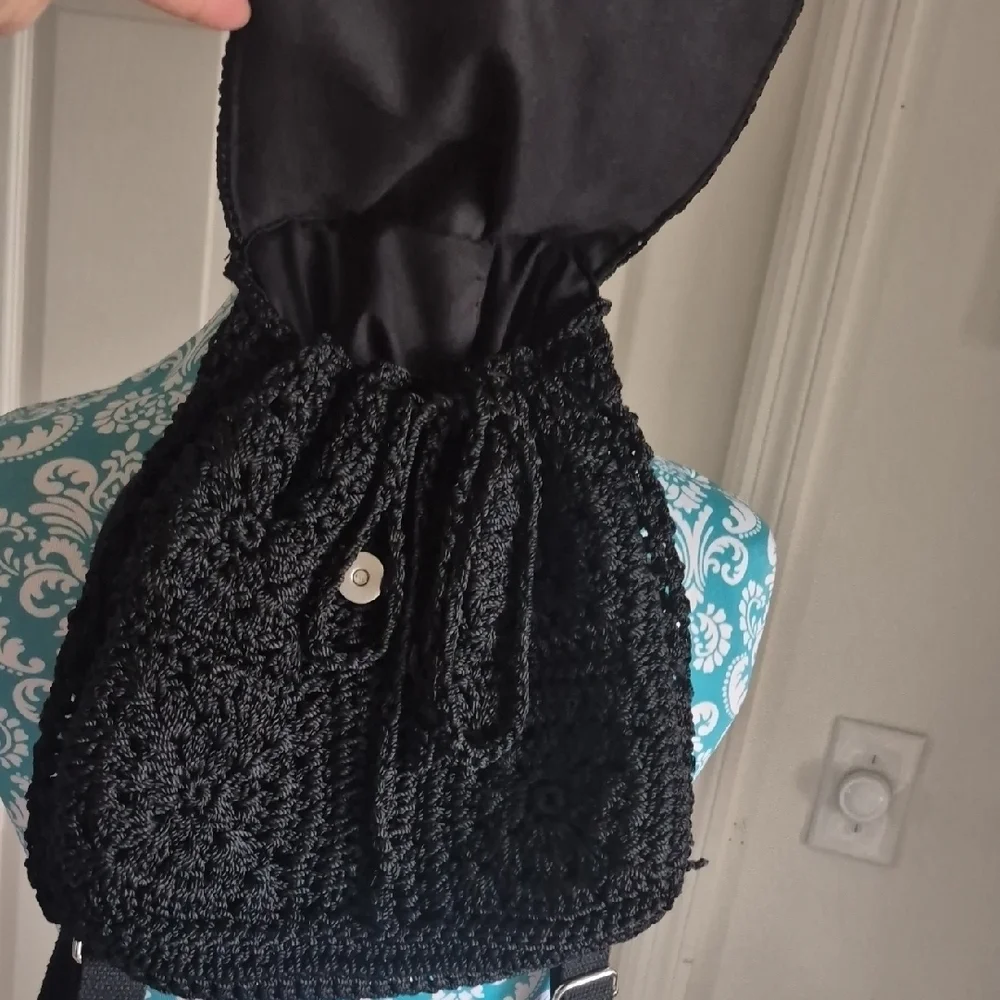 Black Crochet Backpack - Women's Casual Shoulder Bag